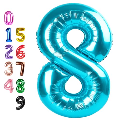 Image of Number Balloons 8 Balloon 40 inch Blue for 8 Birthday Party Decorations | Saturated Color, Large 40 in, With Inflation Straw & Hanging Hole, Great for Men's Party, Back-To-School Season, Pool Party