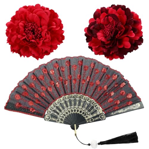 KIRZAX 2 épingles à cheveux pivoines rouges et 1 éventail, fleurs artificielles, style flamenco, grandes pinces à griffes pour cheveux épais et fins,...