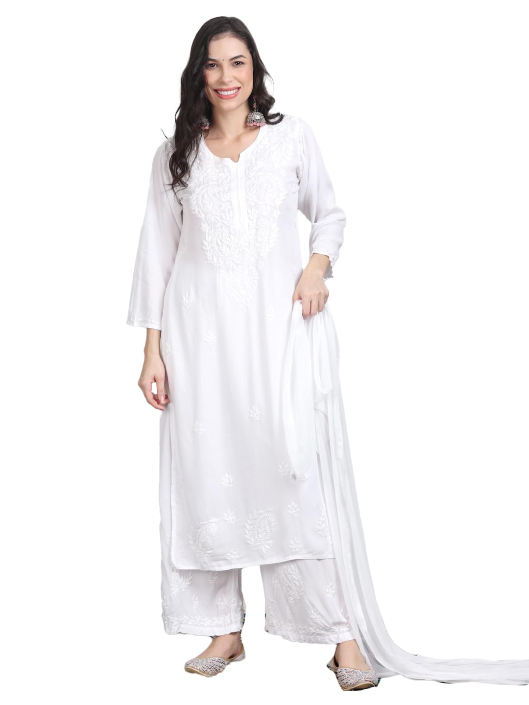 Women's Lucknowi Chikankari Hand-Embroidered Rayon Dyed Kurta, Palazzo & Dupatta 3-Piece Set | Festive, Ethnic & Casual Suit-picture-39
