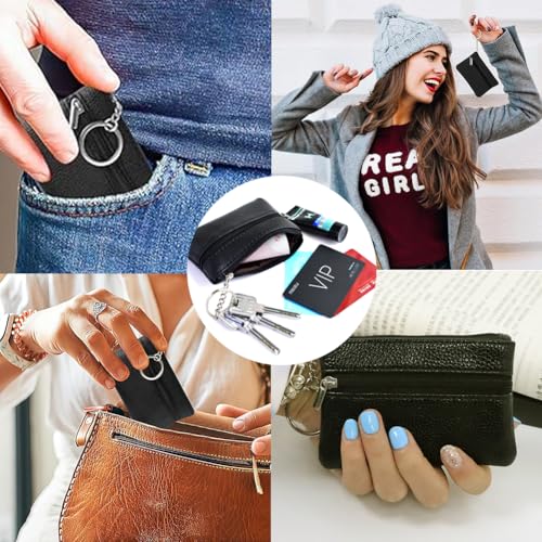 DJHUHN Schlüsseltasche Doppelschichtige Schlüsseletui PU Brieftasche 11,5 x 7,5 x 1,3cm Kartenflug Kleingeld Schlüssel mit Reißverschluss für Männer Frauen Unisex (Schwarz)