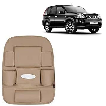 RD Universal PU Leather Car Auto Seat Back Organizer Multi Pocket Travel Storage Bag with Hangers, Tissue Paper and Bottle Holder-Beige Colour Compatible for Nissan X-Trail