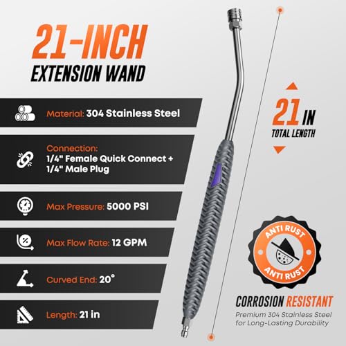 Image of Pressure Washer Extension Wand, Pressure Washer Wand 1 /4 Quick Connect | 304 stainless steel, 21 in, 20 degree angled end, anti-slip ribbed grip, 1 /4 quick connect, 5000 PSI, 12 GPM