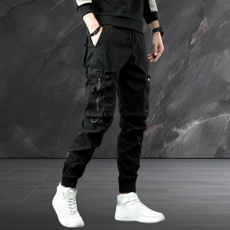 Men's Spring Autumn Slim Fit Cuffed Hem Stylish Multi-Pocket American Style Black Cargo Pants Skinny Leg3