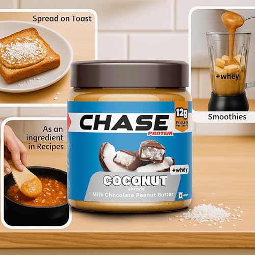 Image of Chase High Protein Peanut Butter Creamy 400g | With Isolate Whey & 120g Protein in Jar | 12g Per Serve | Milk Chocolate Coconut Flavour with Coconut Shreds | Nut Butter for Breakfast, Fitness & Gym
