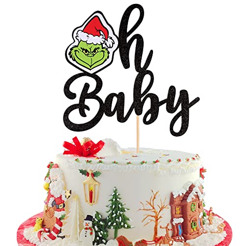 1 PCS Christmas Green Monster Oh Baby Cake Topper Glitter Baby Shower Christmas Cake Pick for Merry Christmas Theme New Born Baby Shower Kids Birthday Party Cake Decorations Supplies Black