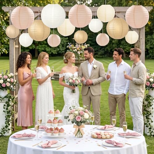 Image of KAXIXI 15-Pack Boho Paper Lanterns, Champagne Gold and Beige Hanging Decor
