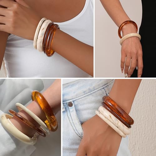 WOWORAMA 4 Pcs Resin Acrylic Bangle Bracelets Set for Women Thin Cream White Acetate Resin Bangles Stackable Round Brown Tortoise Acrylic Bracelet