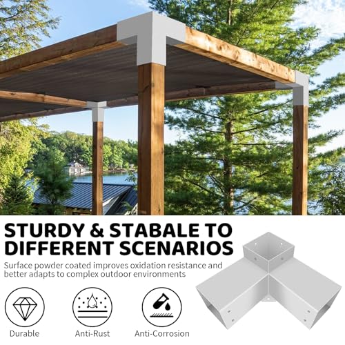 Image of 3-Way Pergola Bracket Kit,DIY Right Angle Corner Woodwork Brackets for 4 inchx4 inch (Actual:3.5 inchx3.5 inch) Lumber,White Pavilion Gazebo Brackets for Patio Pergolas,Prochs,Log Cabin W /Hardware - 2Pack