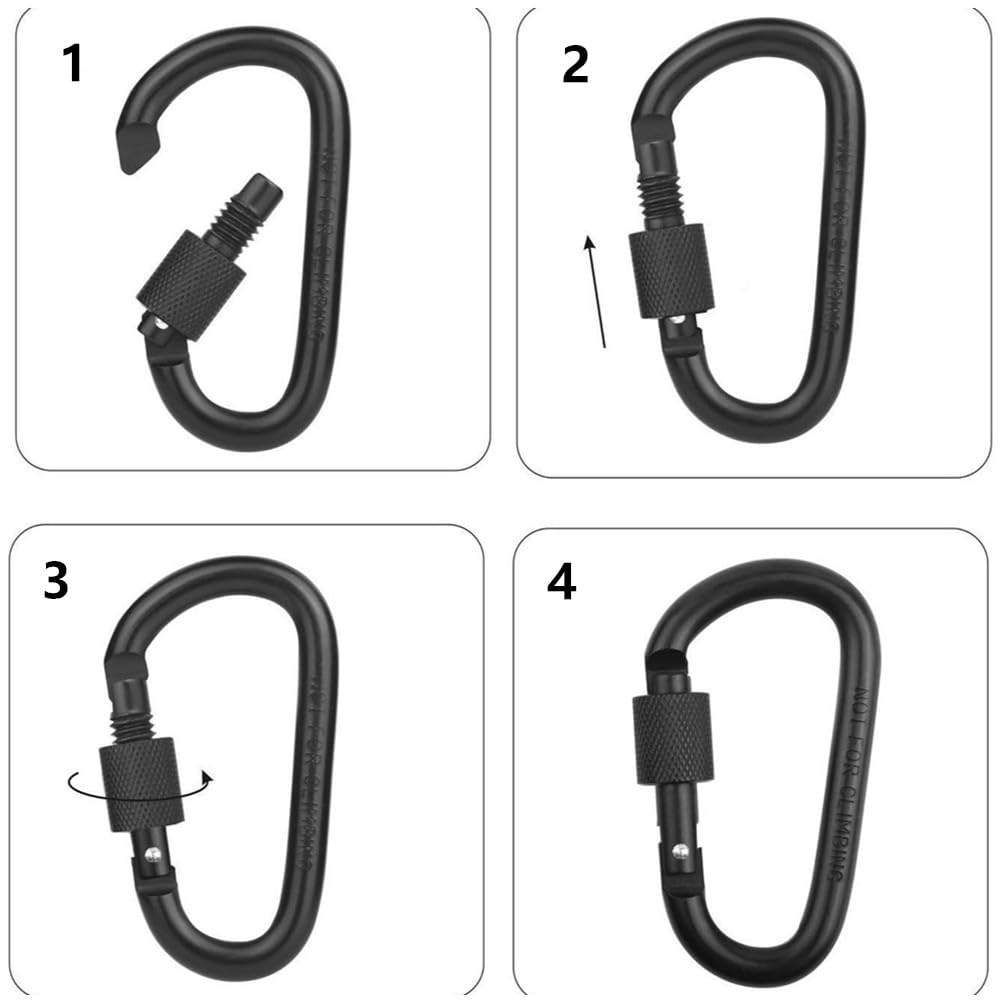 6 Pezzi Moschettone in lega di alluminio, Moschettone multifunzione, Moschettone con chiusura a vite, Nero, D Forma, 7.5x4 cm, Per attività all'aria aperta e viaggi