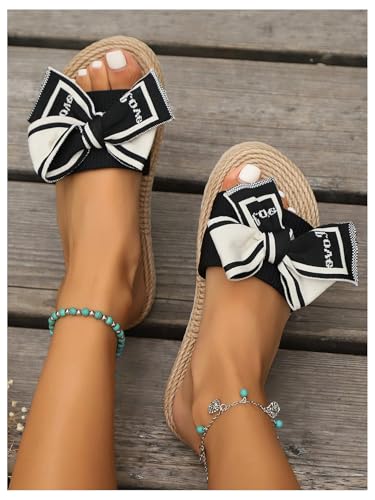 Image of GORGLITTER Women's Bow Flat Sandals Open Toe Slip On Slide Slipper Shoes | Sandals Women Comfortable, Dressy Sandal Women, Y2k Shoes, Dress Slippers for Women, Flats