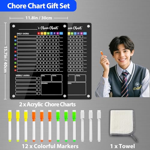 Image of PigPotParty Black Acrylic Magnetic Chore Chart for Kids, 12x16 Inch, 2 Pack