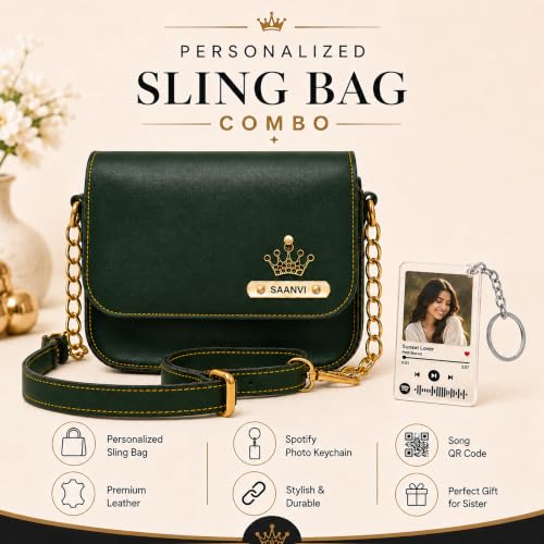 Image of SAVRI Personalized Rakhi Gift for Sister | Customized Leather Sling Bag with Name & Charm and Spotify Photo Keychain with Favourite Song, Personalised Gift Combo for Sister, Behan, Didi- Bro Sis Gift