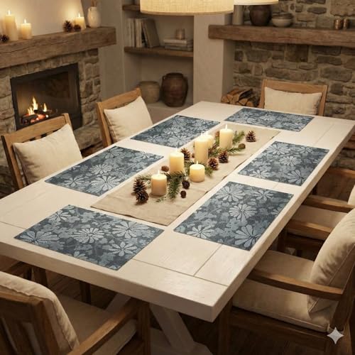 Image of YELONA Placemats for Dining Table - Heat Resistant, Non-Slip & Washable PVC Vinyl Table Mats - Set of 6, 45 x 30 cm (Grey & White)