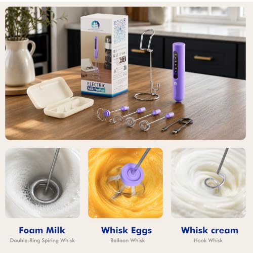 Image of Rechargeable Milk Frother with Stand, 4 Interchangeable Whisks & Travel Case - Handheld Mixer for Lattes, Matcha, Hot Chocolate, Eggs & Protein Shakes