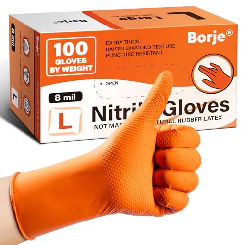 Borje Orange 8 Mil Nitrile Disposable Gloves Heavy-Duty Mechanic Gloves 100 Count Large Latex & Powder Free with Raised Diamond Texture Industrial Automotive Gardening