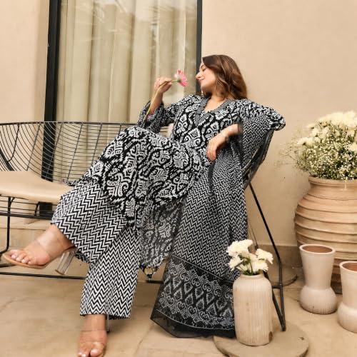 Image of J AND P J&P Women's Printed Rayon Kurta Set with Pant & Chanderi Dupatta