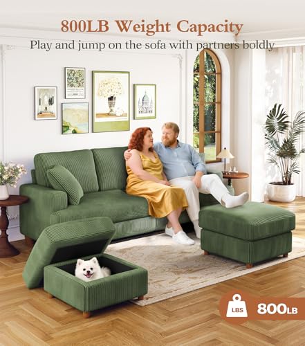 Image of Kidirect 87in U Shaped Couch, Modular Sofa No Tool Assembly, Comfy Sectional Couches for Living Room 21in Deeper Seats, Corduroy Sofas for Living Room with 2 Pillows, Loveseat Sofa Set, Green Couch