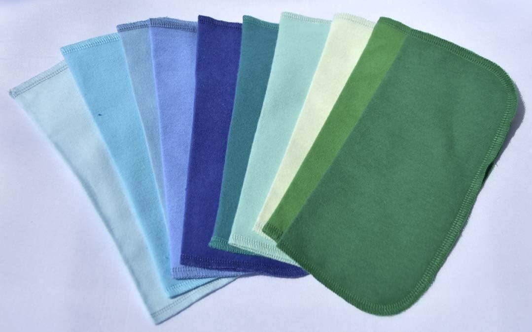 Gina's Soft Cloth Shop 2 Ply Solid Flannel 8x8 Inches Set of 10 Blues and Greens Proudly Made in The USA