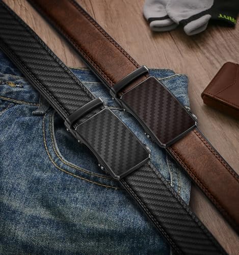 Image of KEMISANT Men Belt 2 Pack, Leather Ratchet Belt Easy Click Slide For Men 1 3 /8 inch,Cut for Fit