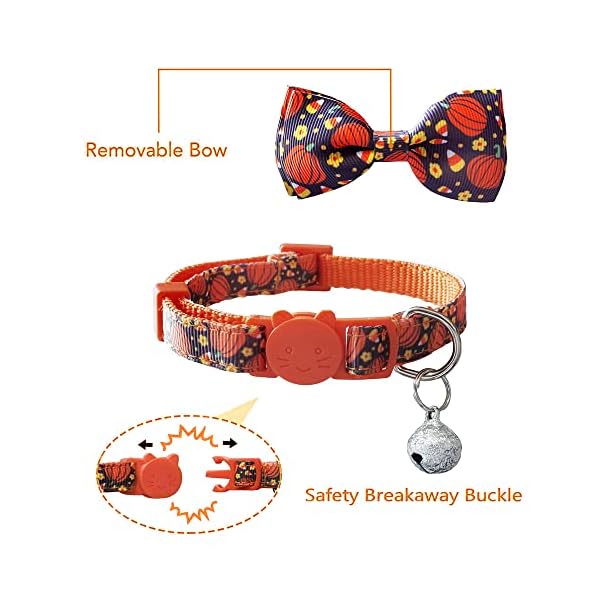 2 pack halloween cat collar with bow tie and bell, holiday pumpkin candy corn collar for kitty kitten girls and boys cats - image 3