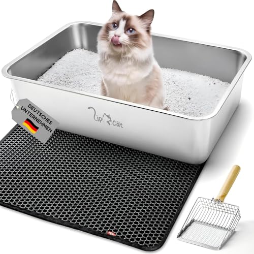 LipCat Edelstahl Katzenklo XXL 60x40x15 cm, Set, geruchsfrei offene Katzentoilette, hoher Rand, leicht zu reinigen, idea...