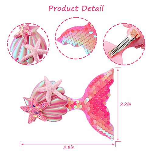Hair Clips Princess Glitter Hair Claw Clips Girls Hairpin, Iridescent Elegant Sequins Clips With Shimmering Shells/Starfish, Shiny Mermaids Hair Clips Barrettes For Girls (3Pcs) (Pink) #TOP2