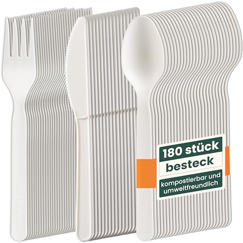 HAAGO 180-teiliges Besteckset (Weiß 18 cm) – Umweltfreundlich, Biologisch Abbaubar & Kompostierbar – Wiederverwendbar, Robust, 100% Natürliches Besteck – 60 Messer, 60 Gabeln, 60 Löffel