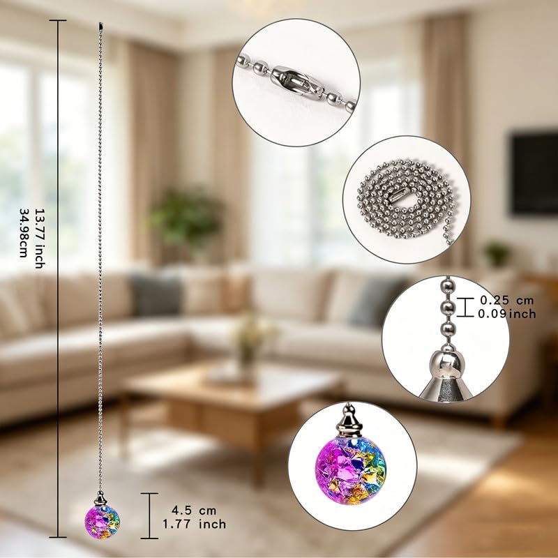 Image of Crystal Ball Ceiling Fan Pull Chain Ornament, 12 inch Chain Gradient Color Fan Light Pulls Decorative Extension with Connector, Sliver Chain