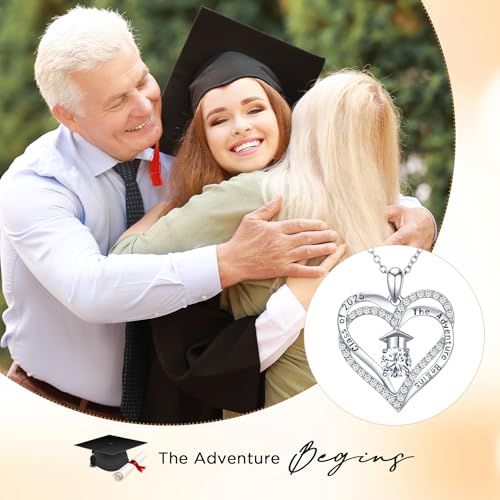 NORBU The Adventure Begins S925 Graduation Gifts for Her 2025, 5A CZ Graduation Cap Double Heart Pendant Necklaces for Women High School College Grad Jewelry Gift3