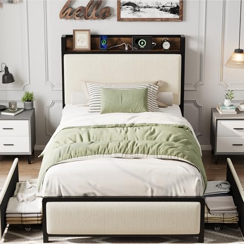 Image of GAOMON Twin Size Bed Frame with 2 Storage Drawers and Charging Station, Rustic Velvet Upholstered Platform Bedframe with Storage Headboard, No Box Spring Needed, Easy Assembly, Noise Free, Beige