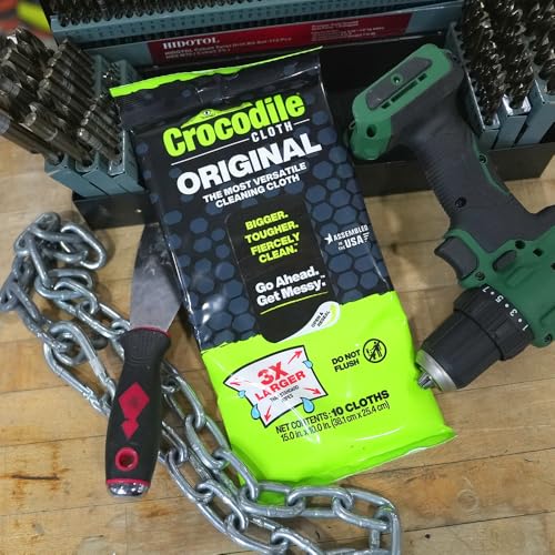 Image of Crocodile Cloth Original Cleaning Wipes, Heavy-Duty Multi-Surface Hand & Tool Wipes, Water-Based, Safe on Skin, 10 Count, 15 x 10 Inch
