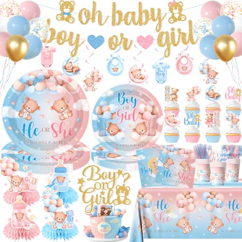 Teddy Bear Gender Reveal Decorations, 182Pcs Boy or Girl Gender Reveal Decorations Include Pink Blue Bear Plates Napkins Tablecloth, He Or She Party Supplies for Baby Shower, Serve 24