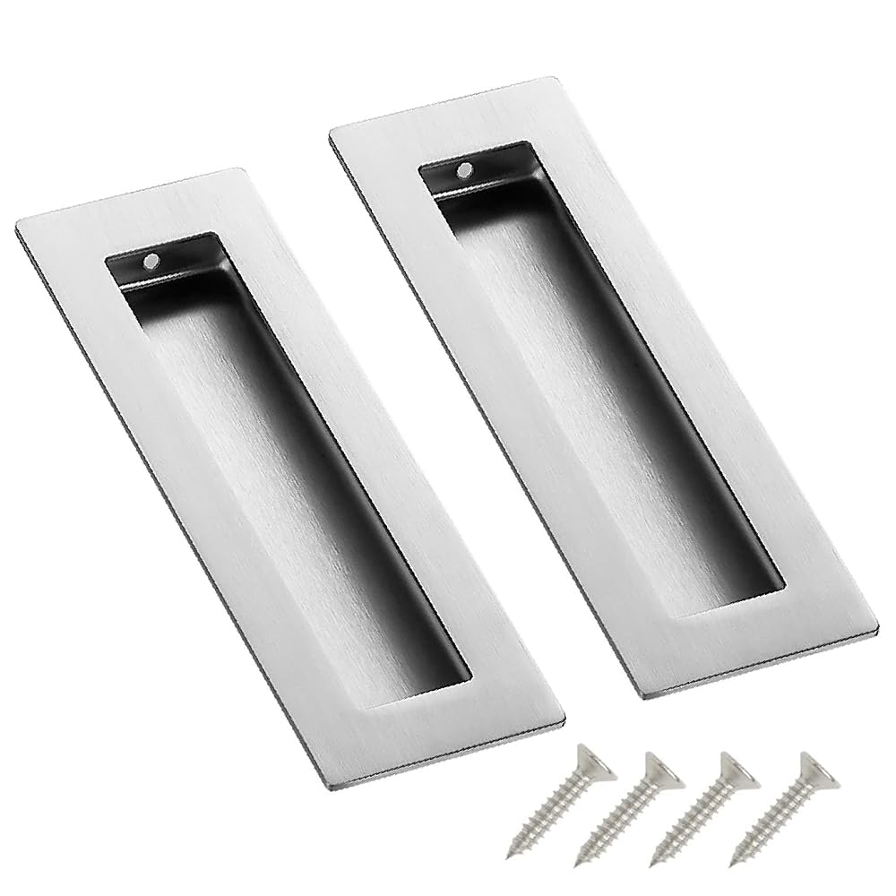 Lxdlweast Silver 2 Pieces Recessed Sliding Door Handle 5.9" Stainless Steel Flush Door Handles Rectangular Flush Finger Pull Handle Matte Cupboard Handles With Screw For Cabinets Closet Dresser Barn Doors