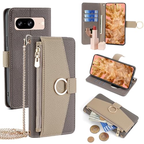 Étui portefeuille Google Pixel 9 Pro XL gris avec bandoulière et pochette magnétique