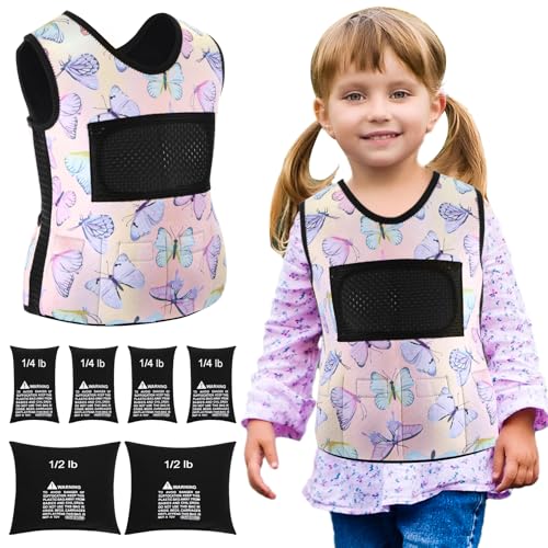 Image of Janmercy Weighted Vest for Kids Ages 2 to 9 Adjustable Neoprene Compression Vest Removable Weights Breathable Comfort Toddler(Butterfly,Small,Pink)