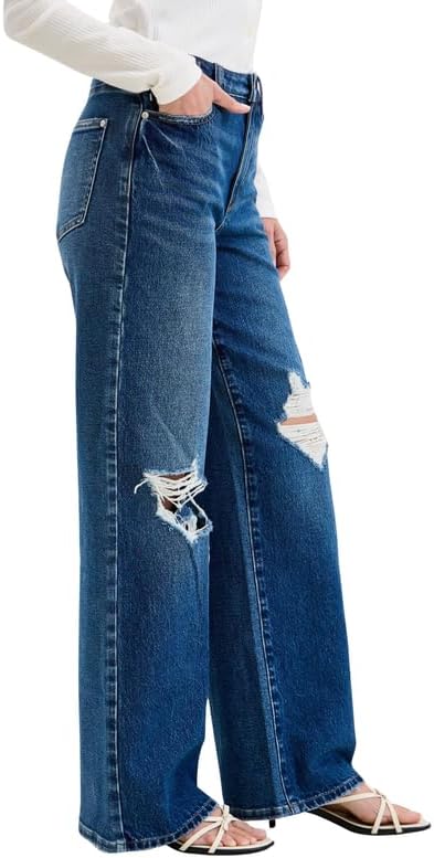 Judy Blue High Waist Rigid Magic Column Straight Jeans – Destructed Dark Wash with Adjustable Waist Tabs, 33” Inseam