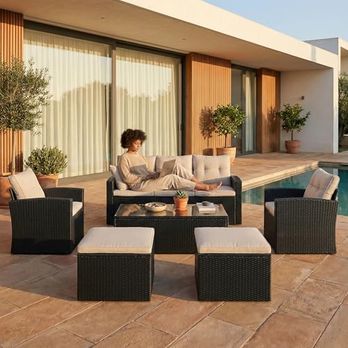 Image of OUTLIVING 6 Piece Outdoor Conversation Set | All Weather Wicker Sectional Sofa with Cushioned Ottoman and Glass Top Table | Ideal for Garden, Deck, Porch, Patio and Poolside (Black & White)