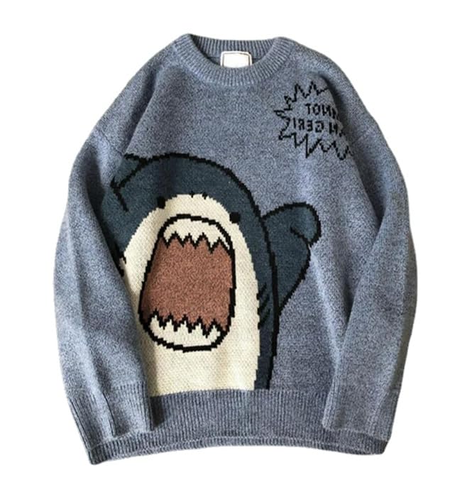 Sweater Cartoon Shark Print Round Neck Match Long Sleeve Oversized Pullover Top Harajuku Hip Hop Loose Knit Jumper