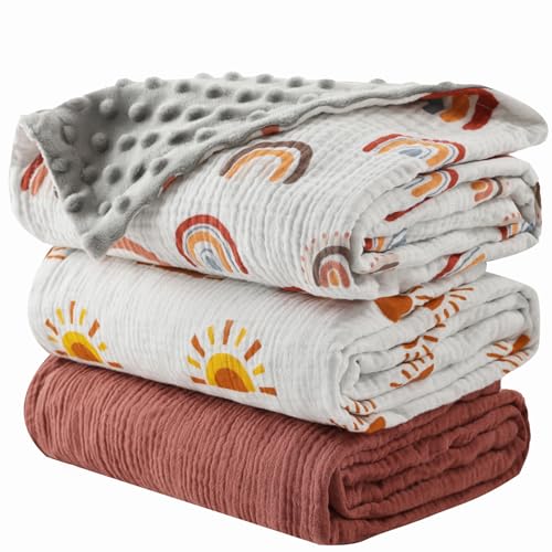 Image of 3 Pack Soft Boho Baby Gender Neutral Blankets for Newborn Baby Girls or Boys Unisex Nursery Toddler Baby Throw Blanket Double Layer Blankets with Dotted Backing Sun Rainbow Printed (Boho)