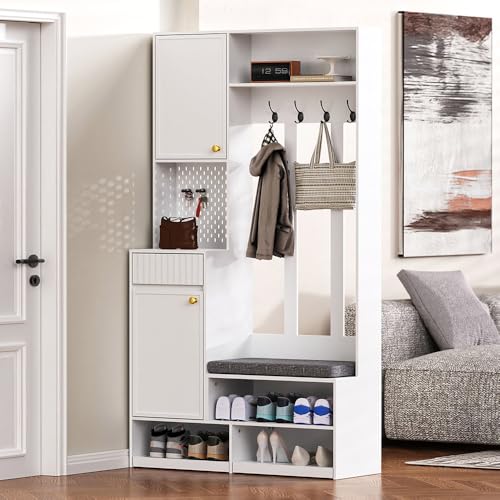Luhomfu Vestiaire d'entrée,Porte-Manteau avec Banc et Range-Chaussures pour Couloir, Garde-Robe avec Banc, Range-Chaussures, 4 Crochets, casier, 2 tiroirs,...