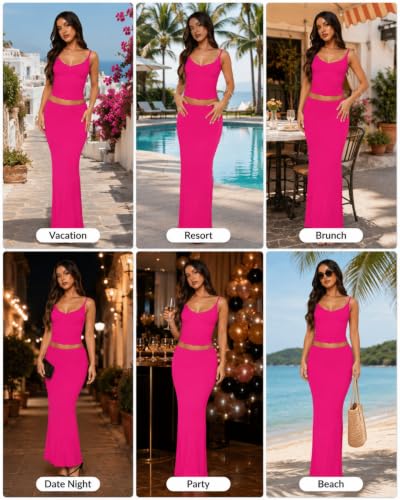 Image of Two Piece Skirt Set Women Maxi Long Skirt and Top Outfit | Soft stretchy 5 pc, slim bodycon, adjustable spaghetti straps, ruched crop tank, elastic waist, going out, beach vacation