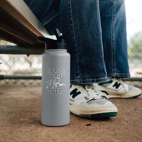 Image of Logo Brands NCAA Jackson State Tigers Athletic 34 oz Stainless Steel Quencher Bottle - Double-Wall Insulated, No-Spill Lid, Easy Carry Handle - Keeps Drinks Cold For Hours