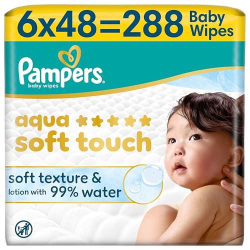Pampers Aqua Soft Touch Baby-Feuchttücher, 6 Packungen mit 48 Feuchttüchern = 288 Baby-Feuchttücher, weiche Textur & Lotion mit 99% Wasser 1