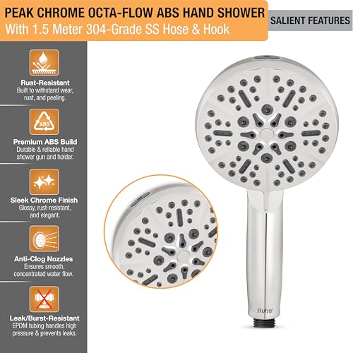 Image of Ruhe Peak Multi-Functional Octa-Flow Modes ABS Hand Shower with 1.5 Meter 304-Grade Stainless Steel Hose & Hook, Chrome Finish