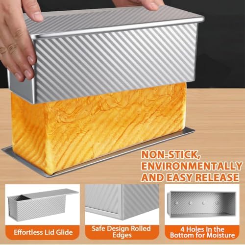 Non-Stick Pullman Loaf Pan with Lid 13x4 Inch - 2.2lb Carbon Steel Bread Baking Pan with 4 Vent Holes, Heavy Duty Sourdough Loaf Pan with Cover for Homemade Sandwich Bread (Silver) - Thumbnail 2