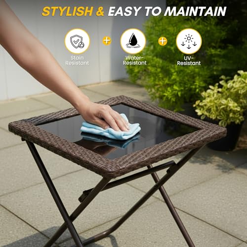 Image of DEVOKO Foldable 3-Piece Outdoor Patio Wicker Furniture Set with Glass Top Table, All-Weather HDPE Rattan, Rustproof Metal Frame for Garden, Balcony & Lawn (Dark Brown)