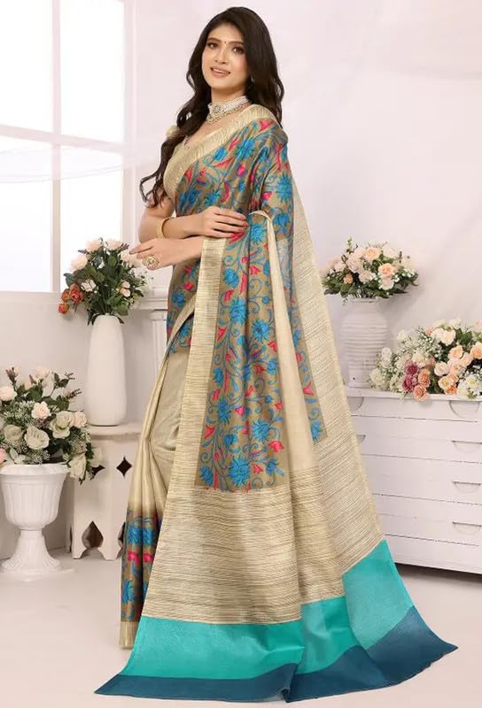 Sari indio de seda artística con estampado elegante y blusa sin coser 2
