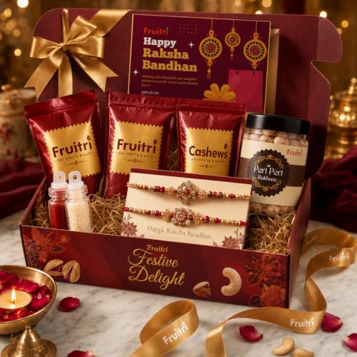 Image of Fruitri Premium Rakhi Gift Hamper for Brother - Complete Rakshabandhan Combo with 2 Rakhis, Chocolate Almonds, Trail Mix, Cranberries - 300g, Peri Peri Makhana, Roli Chawal & Greeting Card