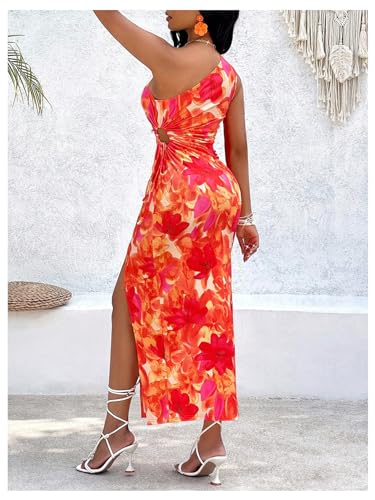 Floerns Women's Floral Print One Shoulder Drawstring Slit Hem Vacation Long Dress2