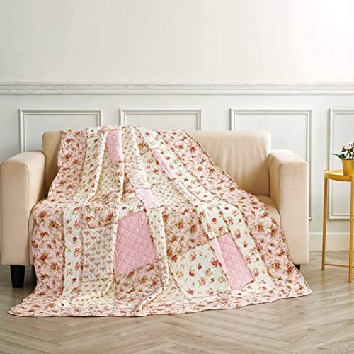 Reaowazo Qucover Pink Floral Quilted Blanket 100% Cotton Floral Patchwork Quilts Single Bedspread Throw For Couch Beds 60X80 Inch #TOP4